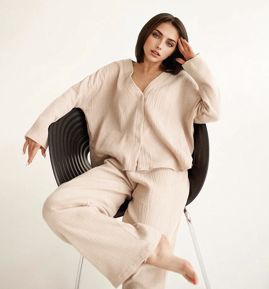 Katoenen Linnen Effen Enkele Knop Lange Mouwen Pyjama Set