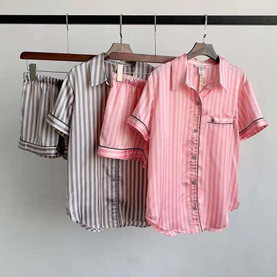 Roze Gestreepte Korte Mouwen Twee Delige Pyjama Set Comfortabel