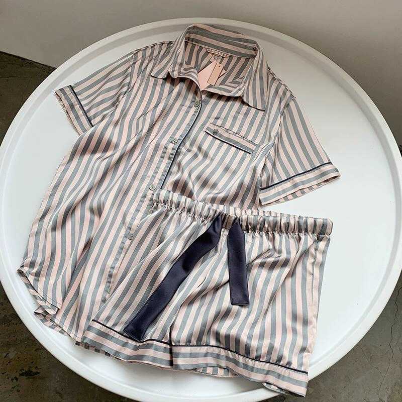 Roze Gestreepte Korte Mouwen Twee Delige Pyjama Set Comfortabel