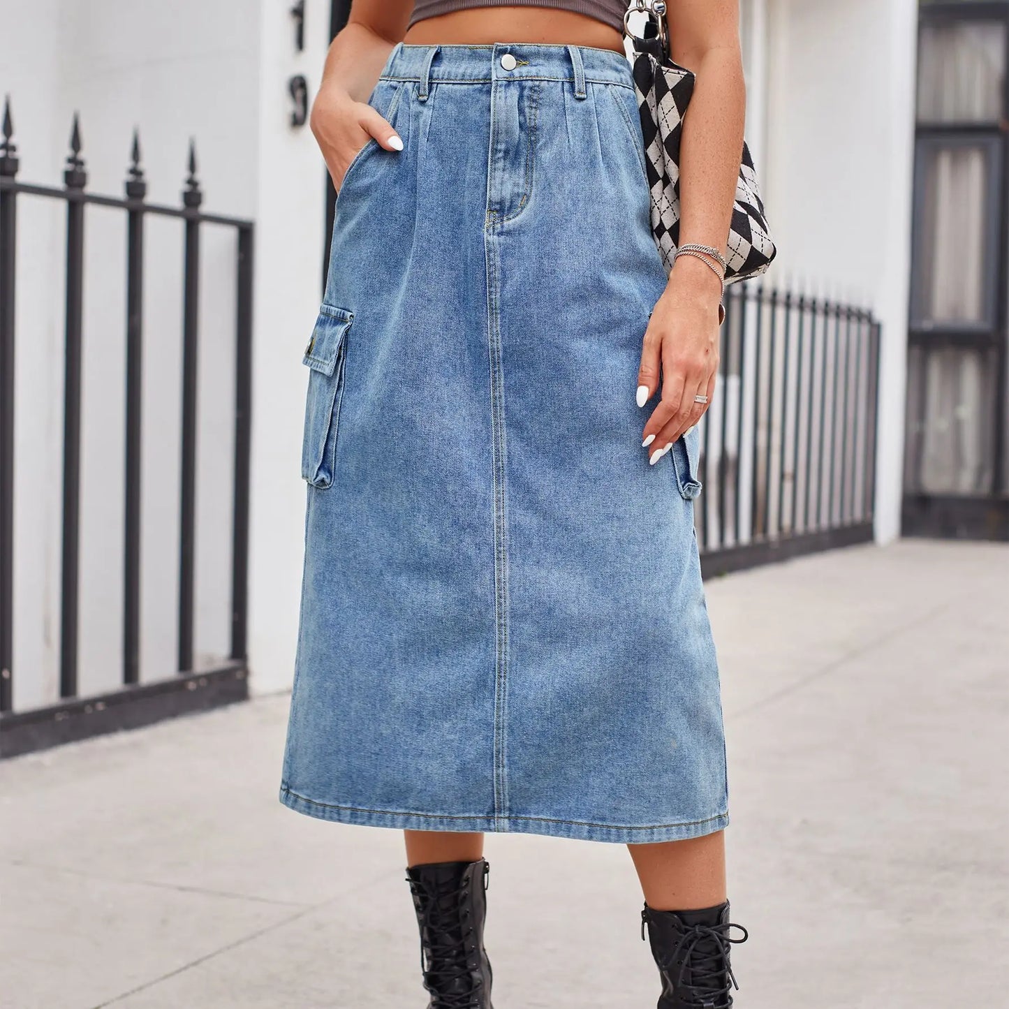 Elegante Rechte Knopen Split Retro Maxi Spijkerrok Stijlvol