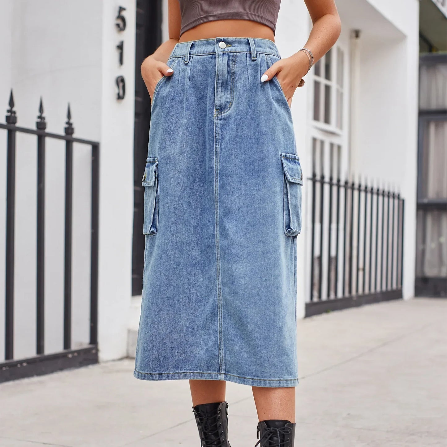 Elegante Rechte Knopen Split Retro Maxi Spijkerrok Stijlvol
