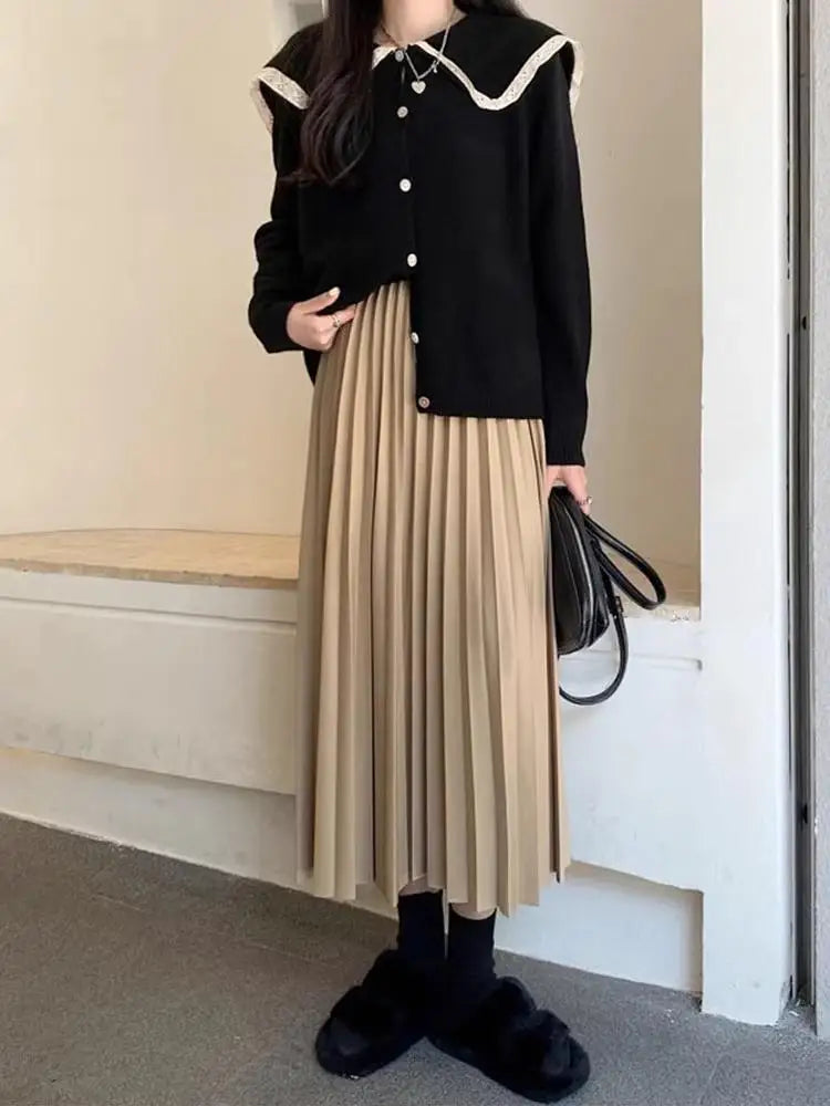 Elegante Plissé Midi Rok van Hoge Kwaliteit Zwart