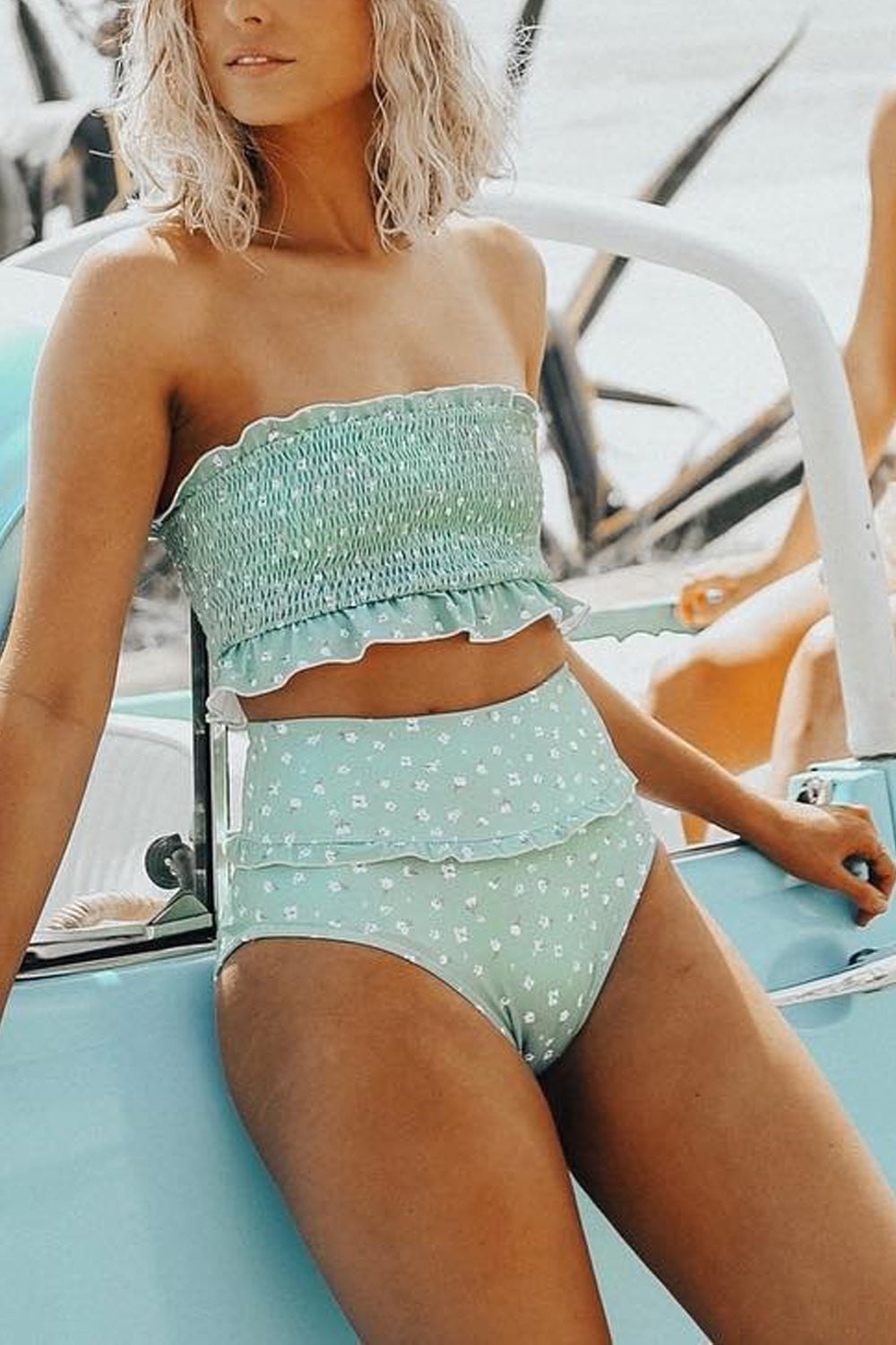 Lichtblauwe Bikinibroek met Bloemen en Volle Bedekking