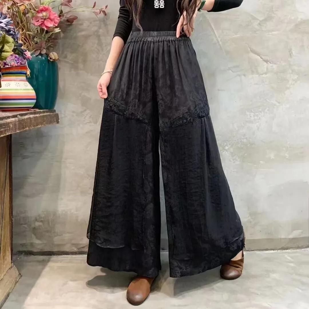 Boho Broek met Wijde Pijpen en Elegante Kantinzet - Stijlvol en Comfortabel