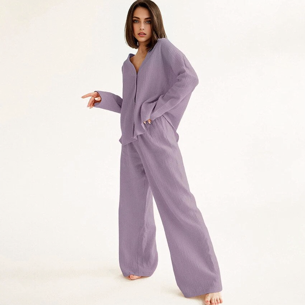 Katoenen Linnen Effen Enkele Knop Lange Mouwen Pyjama Set