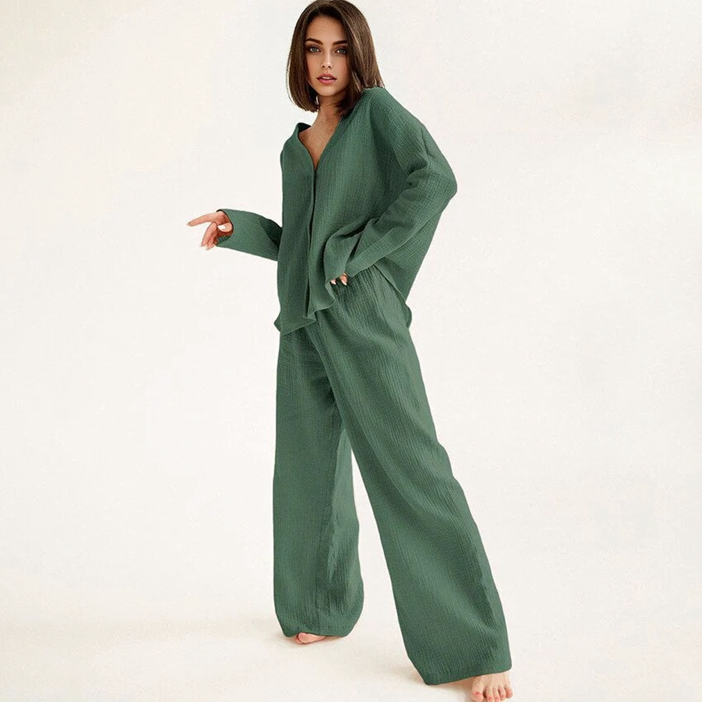 Katoenen Linnen Effen Enkele Knop Lange Mouwen Pyjama Set