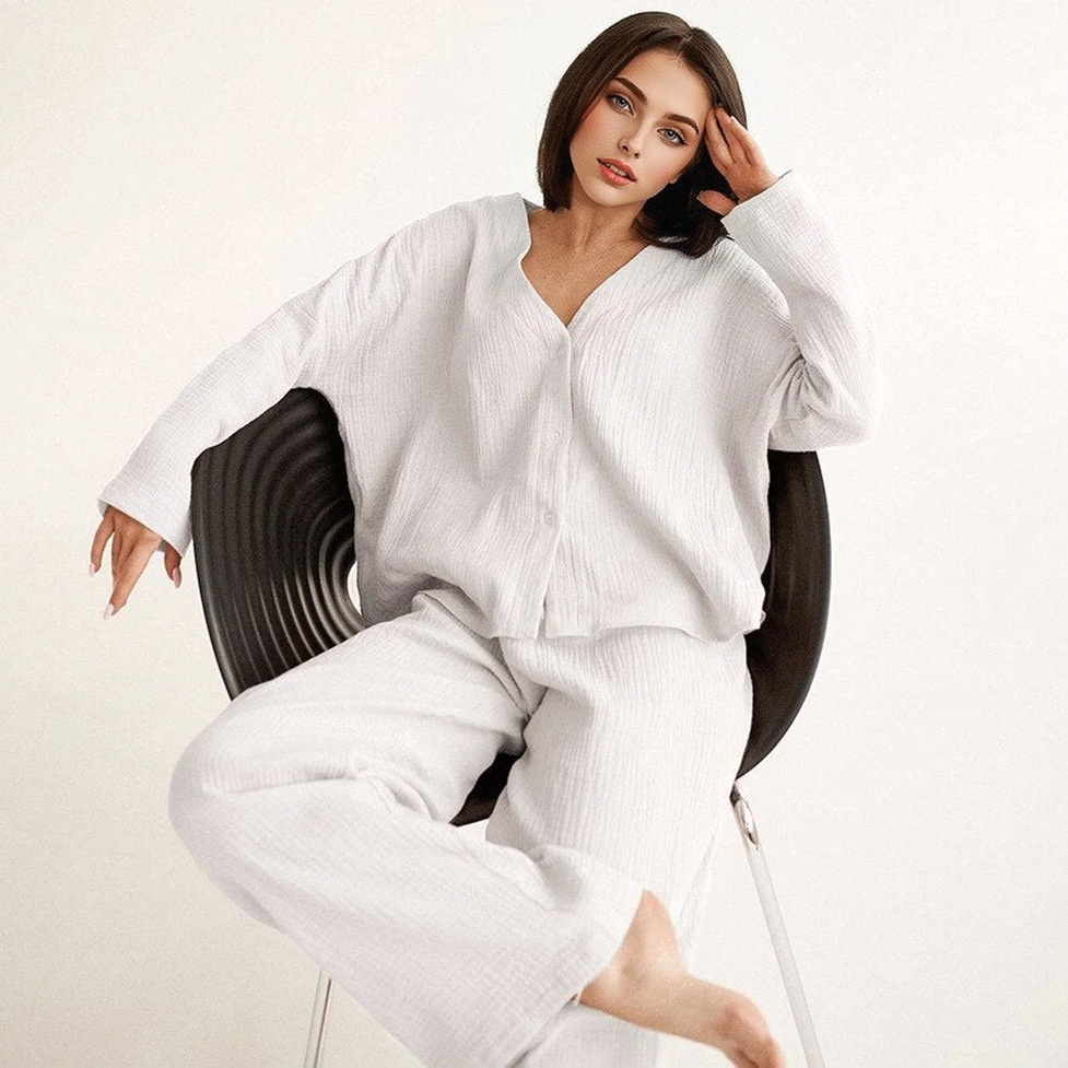 Katoenen Linnen Effen Enkele Knop Lange Mouwen Pyjama Set