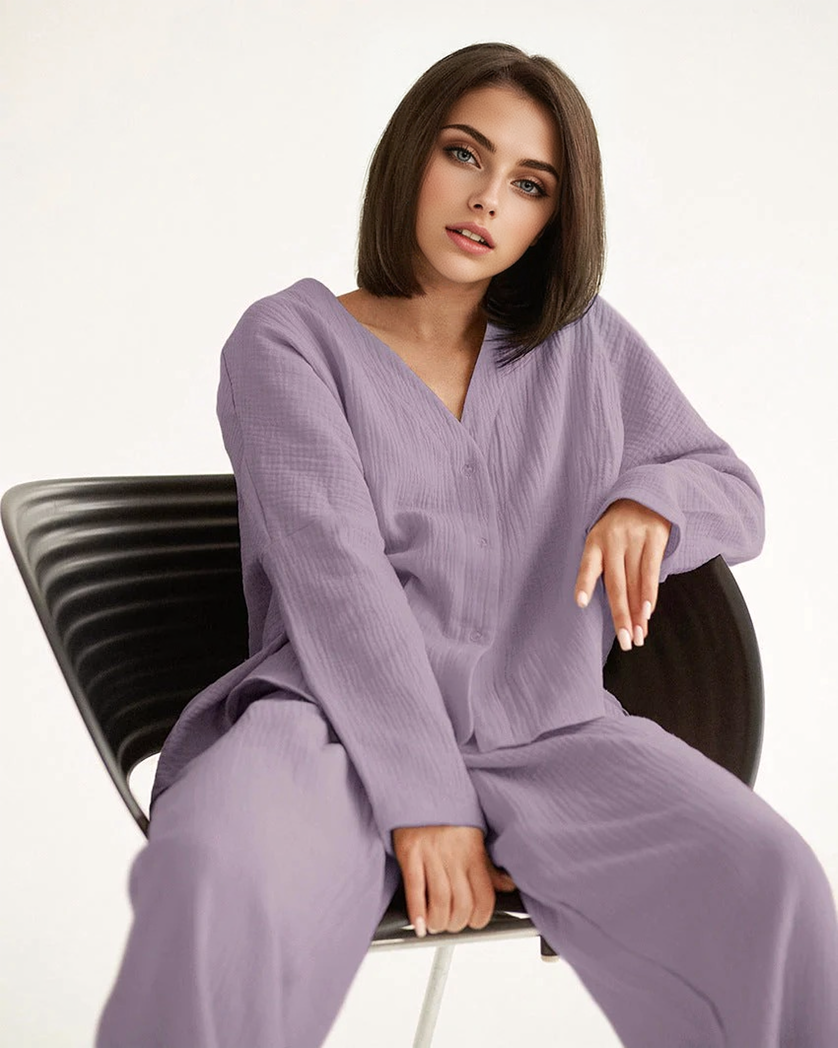Katoenen Linnen Effen Enkele Knop Lange Mouwen Pyjama Set