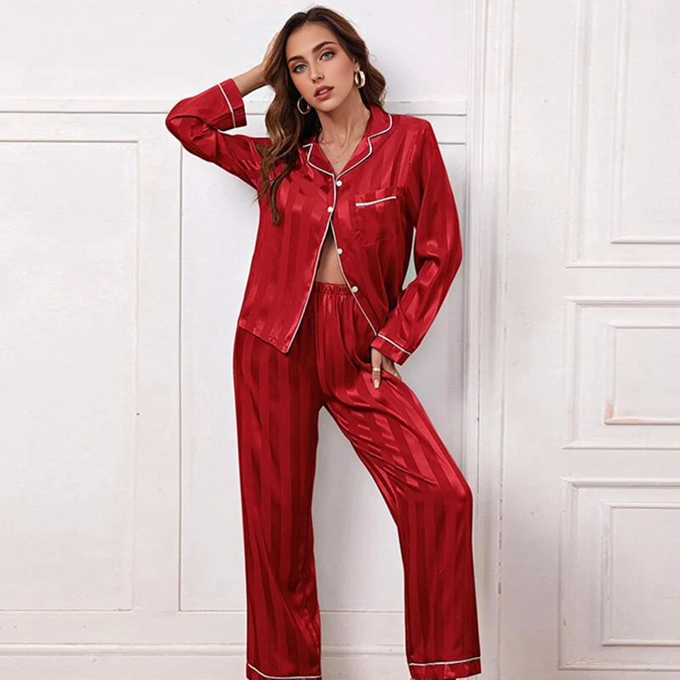 Faux Zijde Gestreepte Pyjama met Broek en Shirt