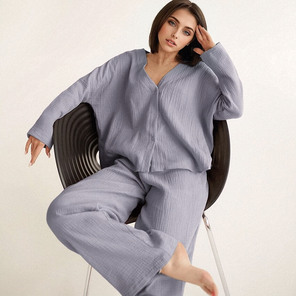 Katoenen Linnen Effen Enkele Knop Lange Mouwen Pyjama Set