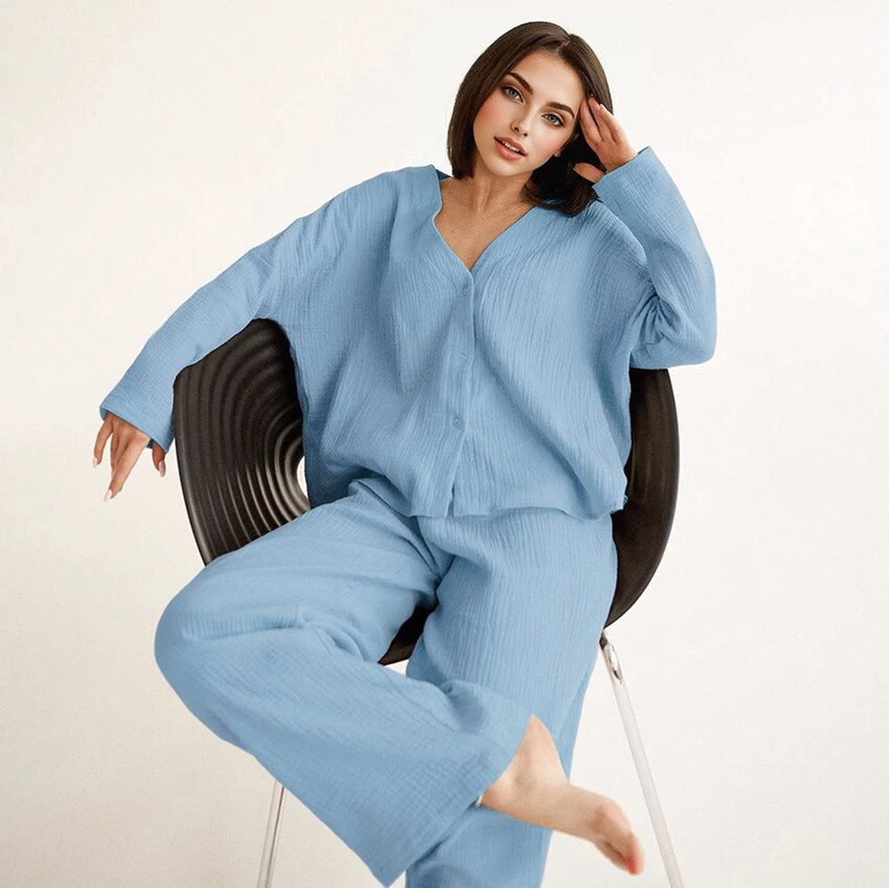 Katoenen Linnen Effen Enkele Knop Lange Mouwen Pyjama Set