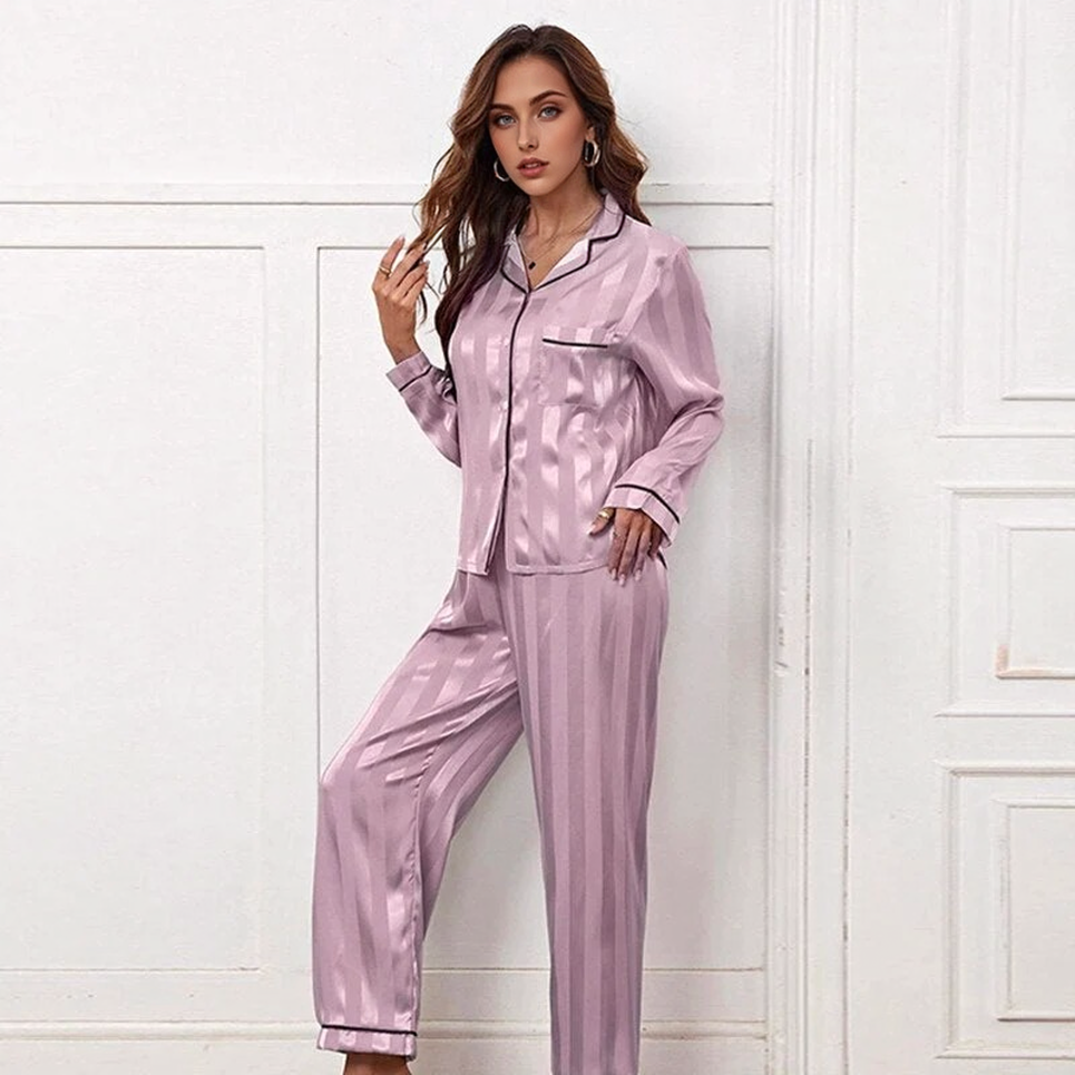 Faux Zijde Gestreepte Pyjama met Broek en Shirt