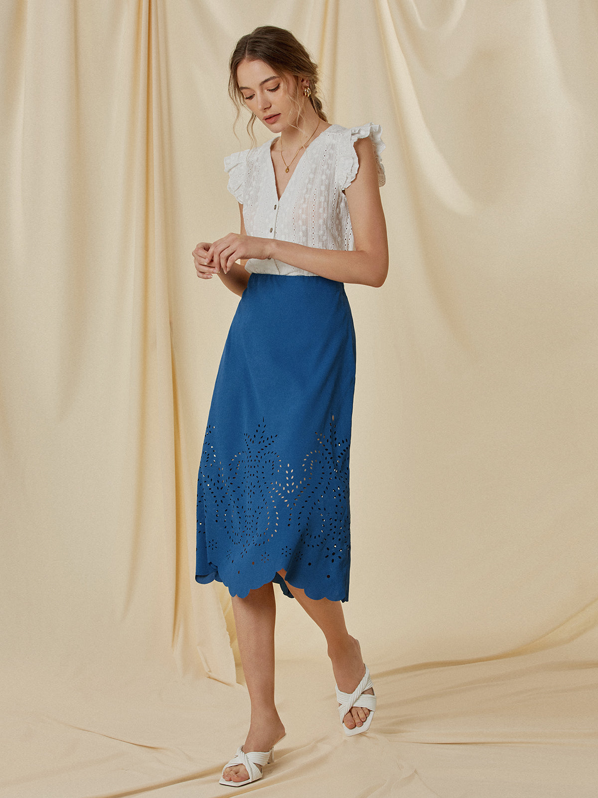Elegante Midi Rok met Hoge Taille en Eyelet Detail