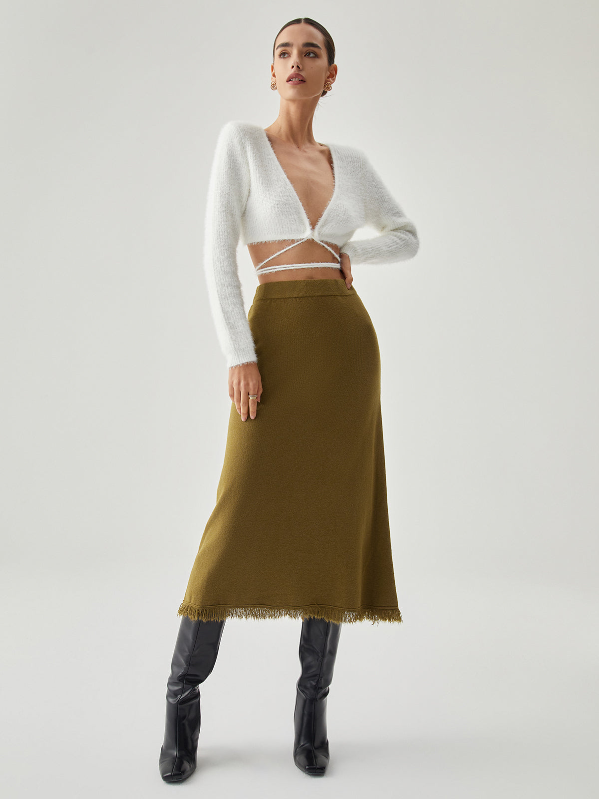 Raw Hem Hoge Trendy Taille Midi Tricot Rok Stijlvol
