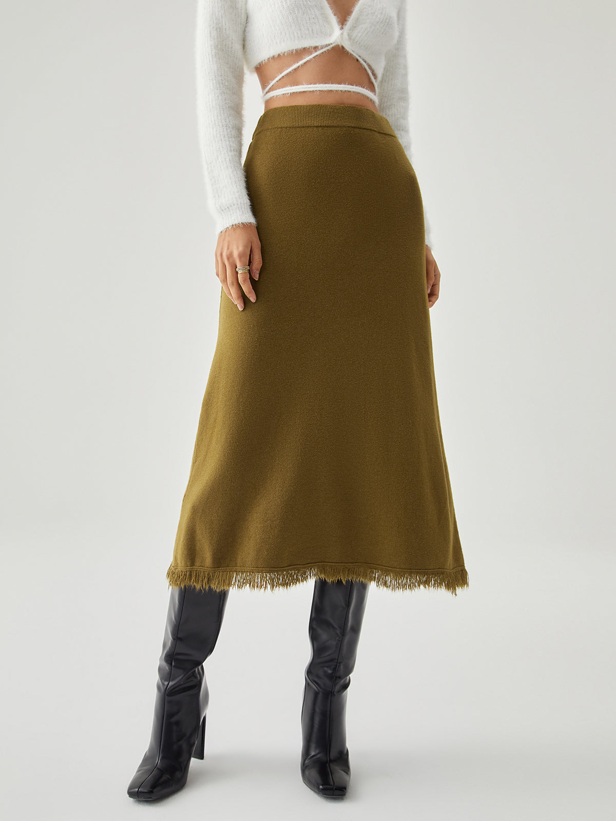 Raw Hem Hoge Trendy Taille Midi Tricot Rok Stijlvol