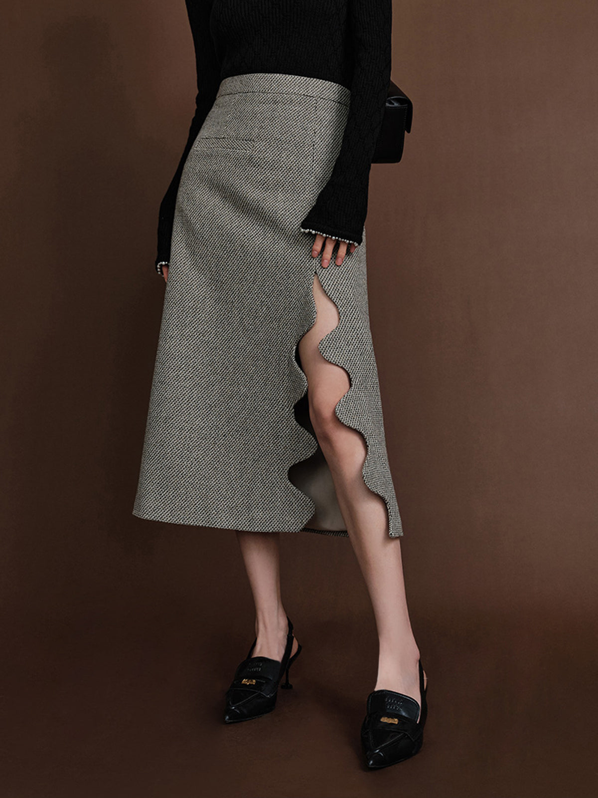 Modieuze High-waist Tweed Golvende Split Midi Rok