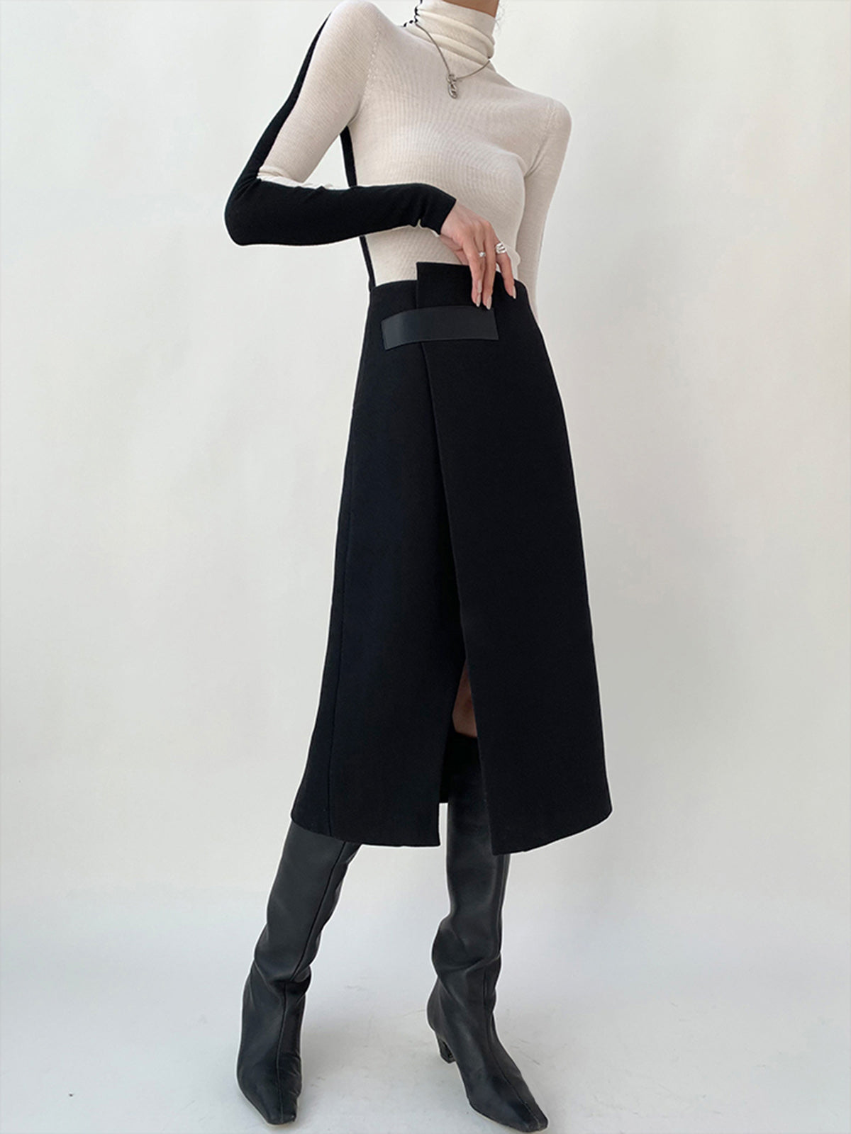 Hoge Taille Tweed Modieuze Asymmetrische Midi Rok