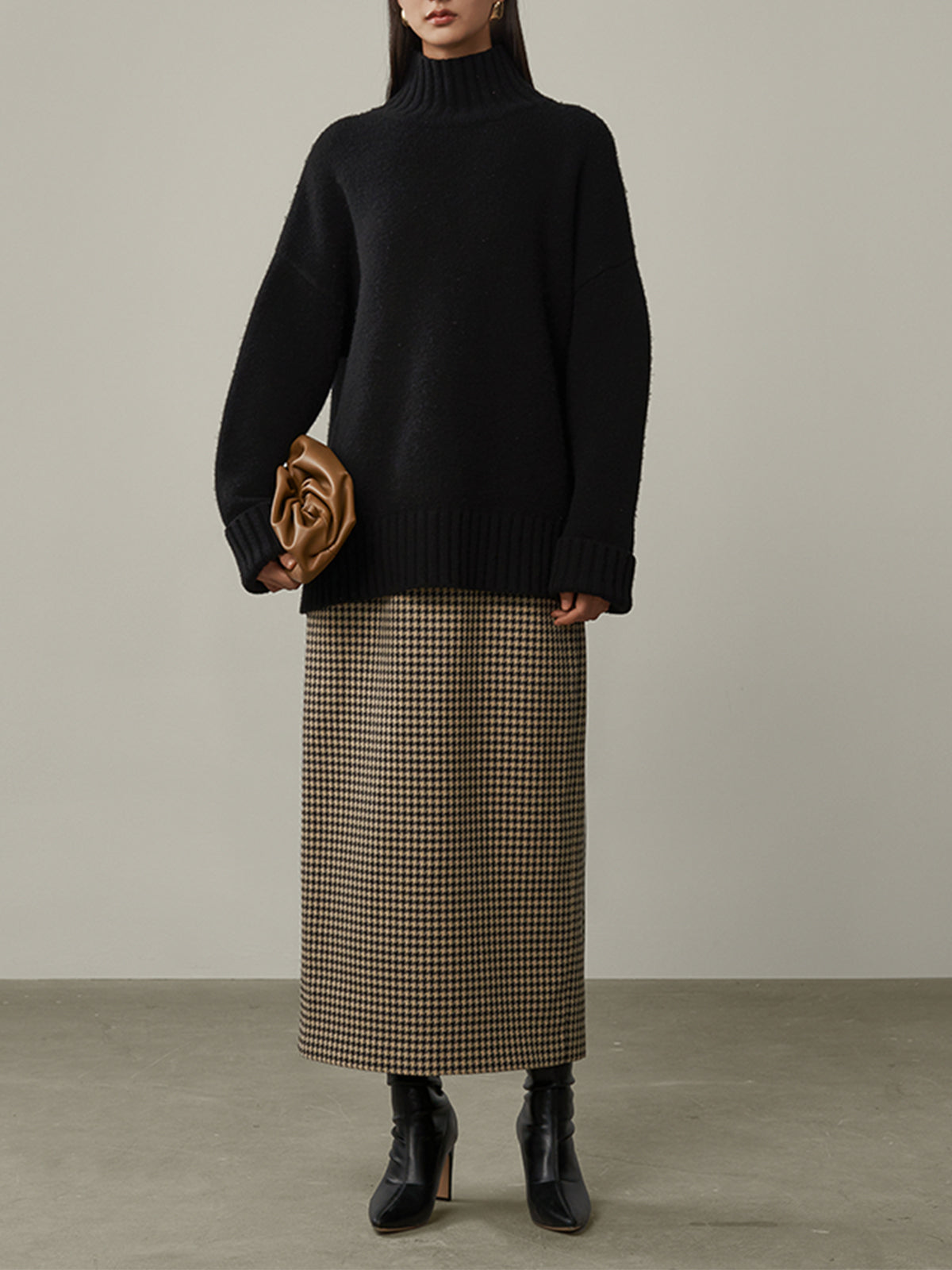 Stijlvolle Hoge Taille Houndstooth Midi Rok