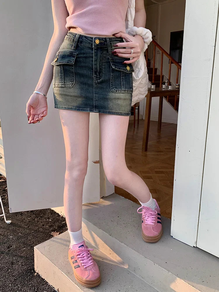 Amerikaanse Retro Denim Mini Rok voor een Stijlvolle Look