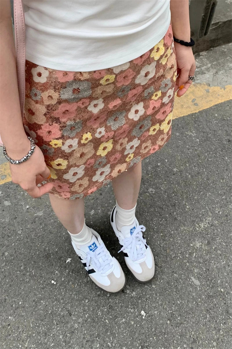 Bloemige Pailletten Feest Hoge Taille Mini Rok Stijlvol