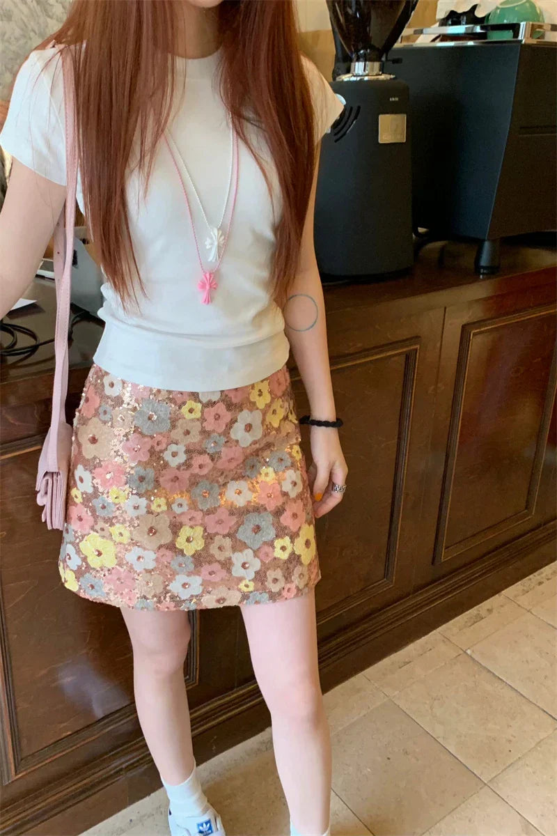Bloemige Pailletten Feest Hoge Taille Mini Rok Stijlvol
