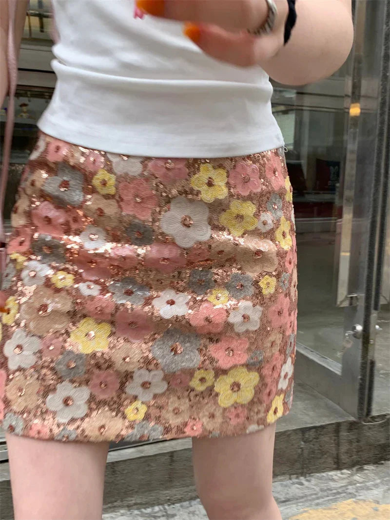Bloemige Pailletten Feest Hoge Taille Mini Rok Stijlvol