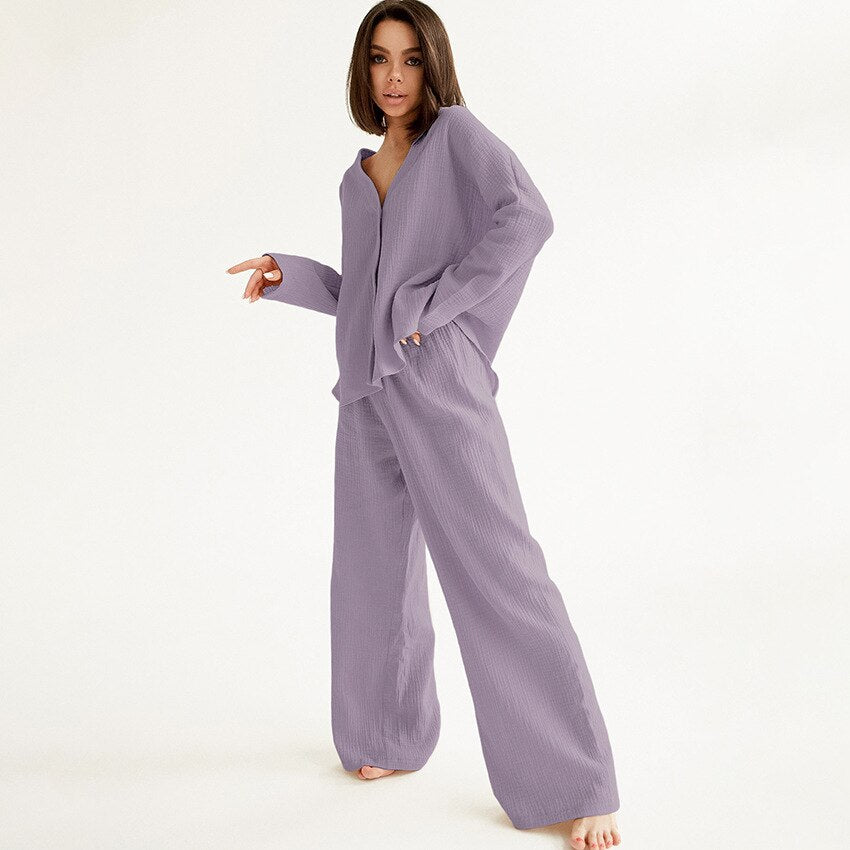 Katoenen Linnen Effen Enkele Knop Lange Mouwen Pyjama Set