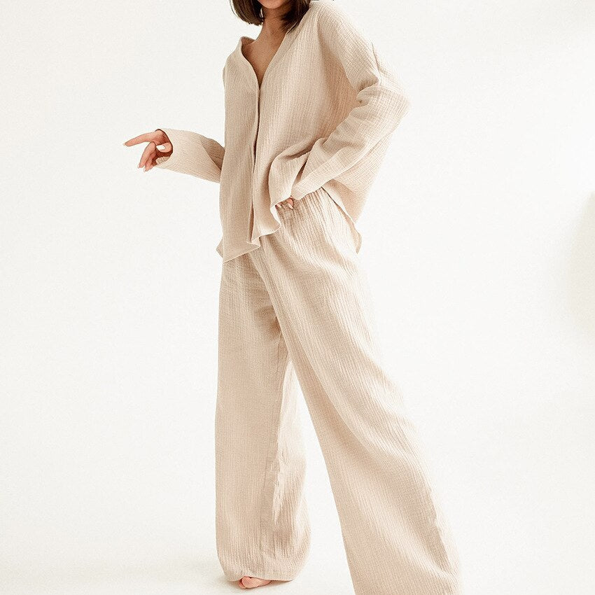 Katoenen Linnen Effen Enkele Knop Lange Mouwen Pyjama Set