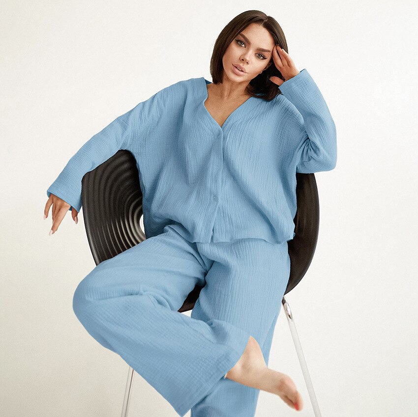 Katoenen Linnen Effen Enkele Knop Lange Mouwen Pyjama Set