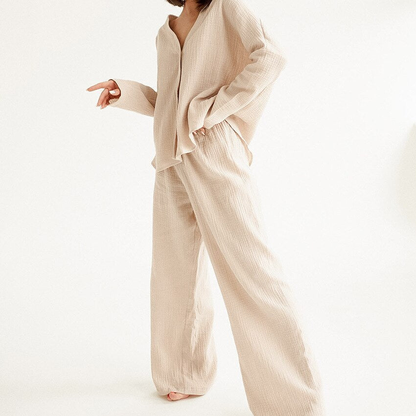 Katoenen Linnen Effen Enkele Knop Lange Mouwen Pyjama Set
