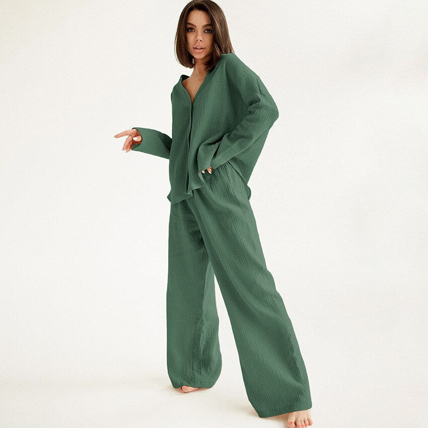 Katoenen Linnen Effen Enkele Knop Lange Mouwen Pyjama Set