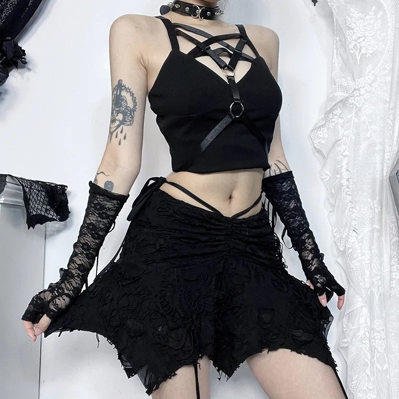 Gothische Mini Rok met Vouw en Sexy Lijntjes