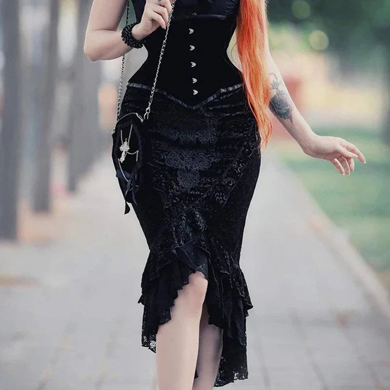 Gothische Midi Rok met Elegante Kantzoom voor Vrouwen