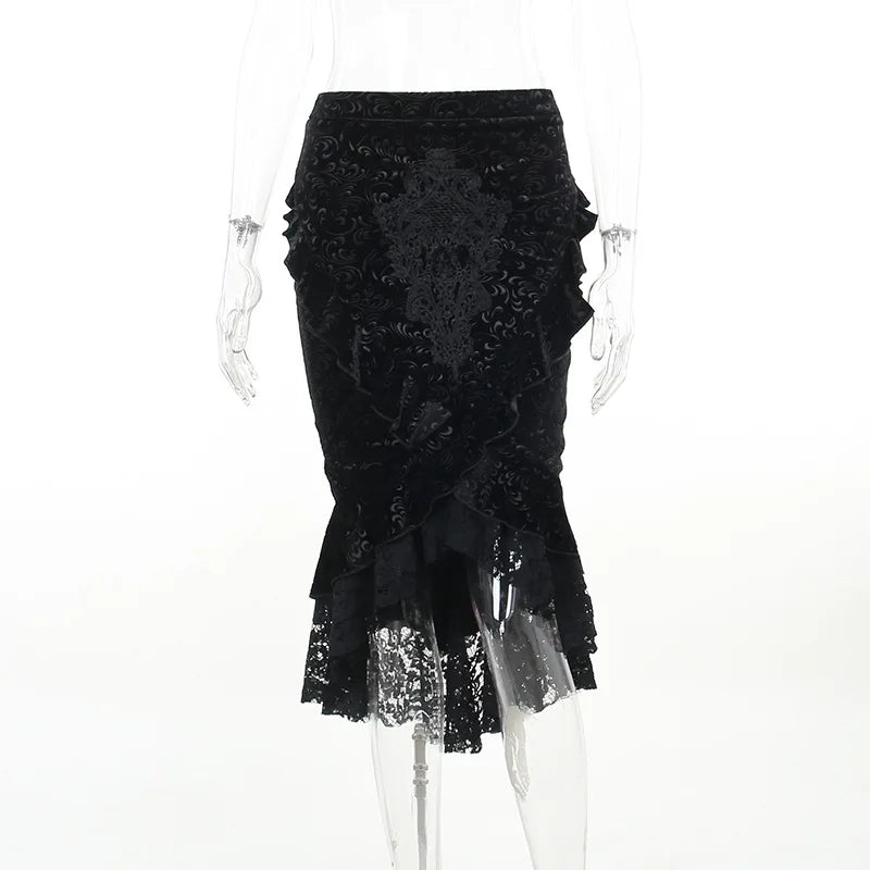 Gothische Midi Rok met Elegante Kantzoom voor Vrouwen
