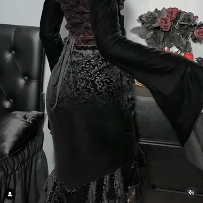 Gothische Midi Rok met Elegante Kantzoom voor Vrouwen