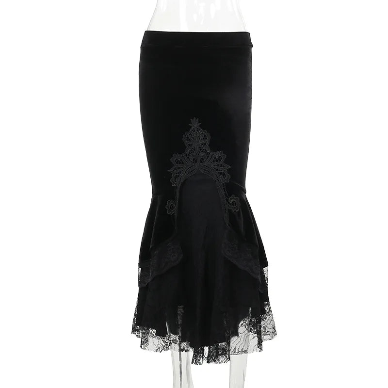 Gothische Midi Rok met Elegante Kantzoom voor Vrouwen