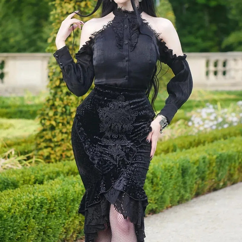Gothische Midi Rok met Elegante Kantzoom voor Vrouwen