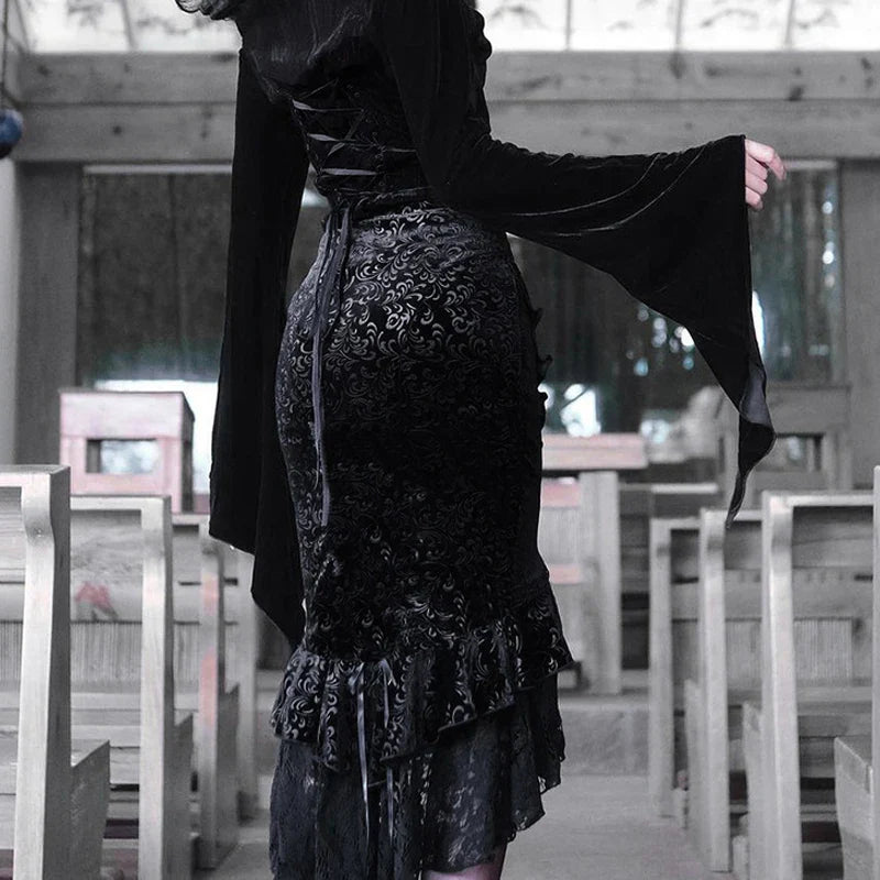 Gothische Midi Rok met Elegante Kantzoom voor Vrouwen