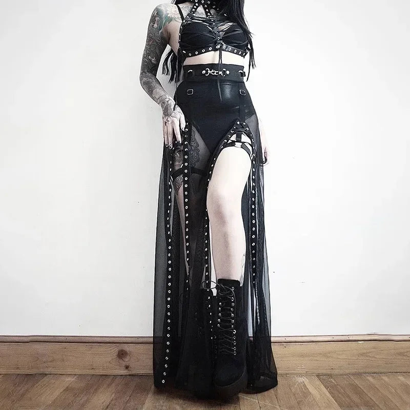 Gothische Mesh Lace-Up Donkere Zomerrok voor Vrouwen