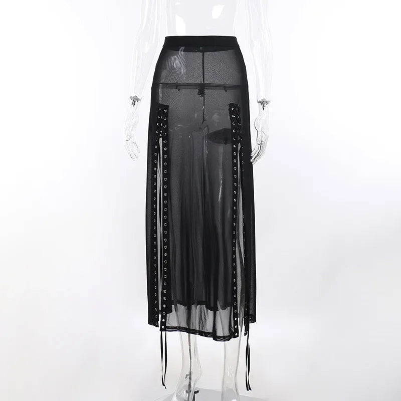 Gothische Mesh Lace-Up Donkere Zomerrok voor Vrouwen