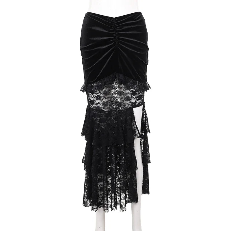 Gothic Vouwrok met Fishstaart van Fluweel en Kant