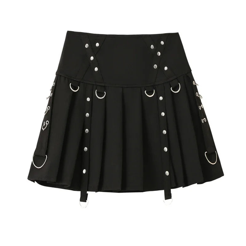 Gothic Harajuku Korte Plissé Rok met Riem en Lage Taille