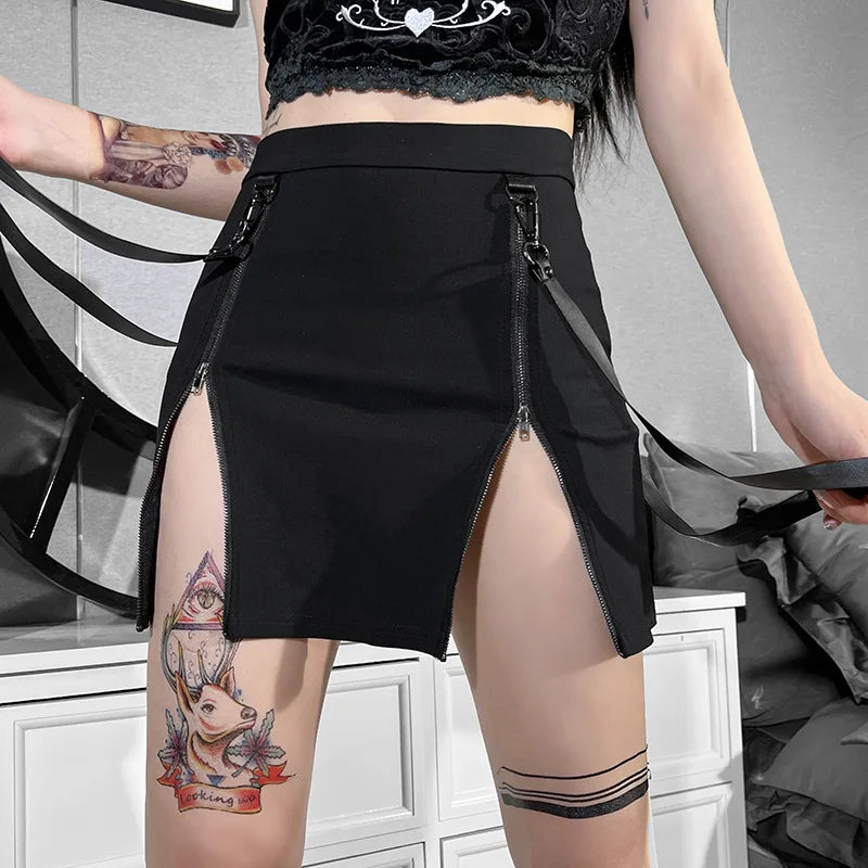 Gothic Mini Rok Met Split En Rits Voor Dames
