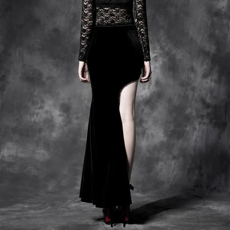 Gothic Asymmetrische Zwarte Maxi Jurk Met Borduursel Stijlvol