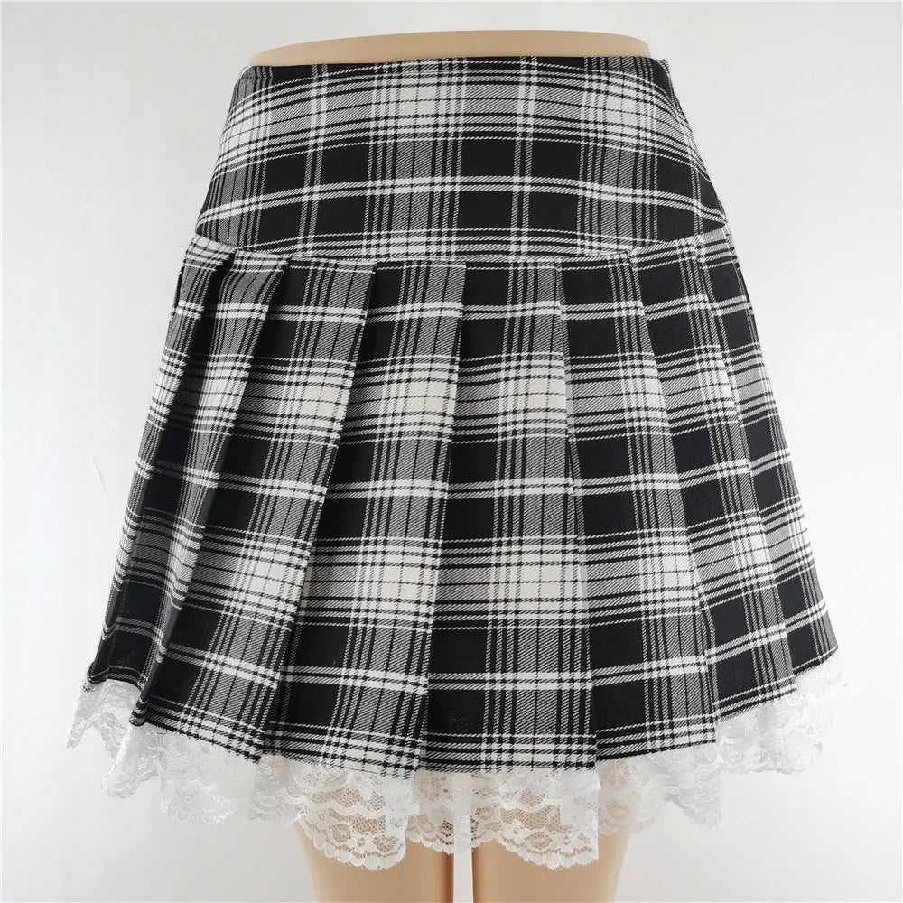 Plaid Mini Rok met Kant en Stijlvolle A-Lijn