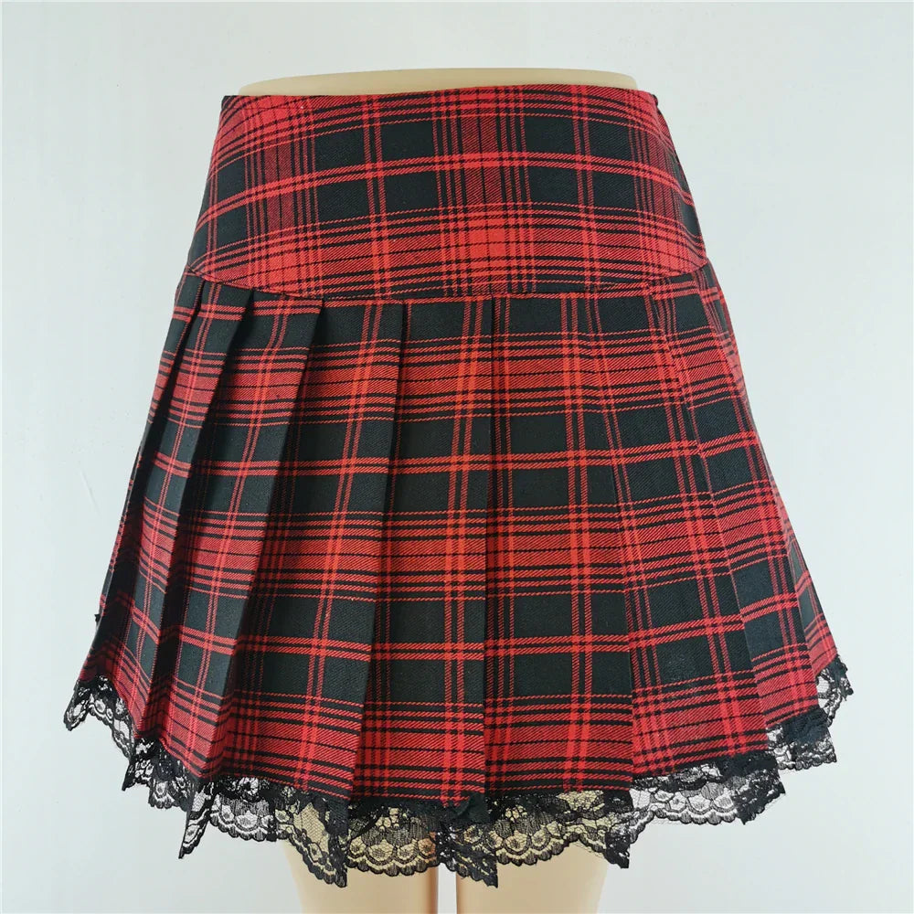 Plaid Mini Rok met Kant en Stijlvolle A-Lijn