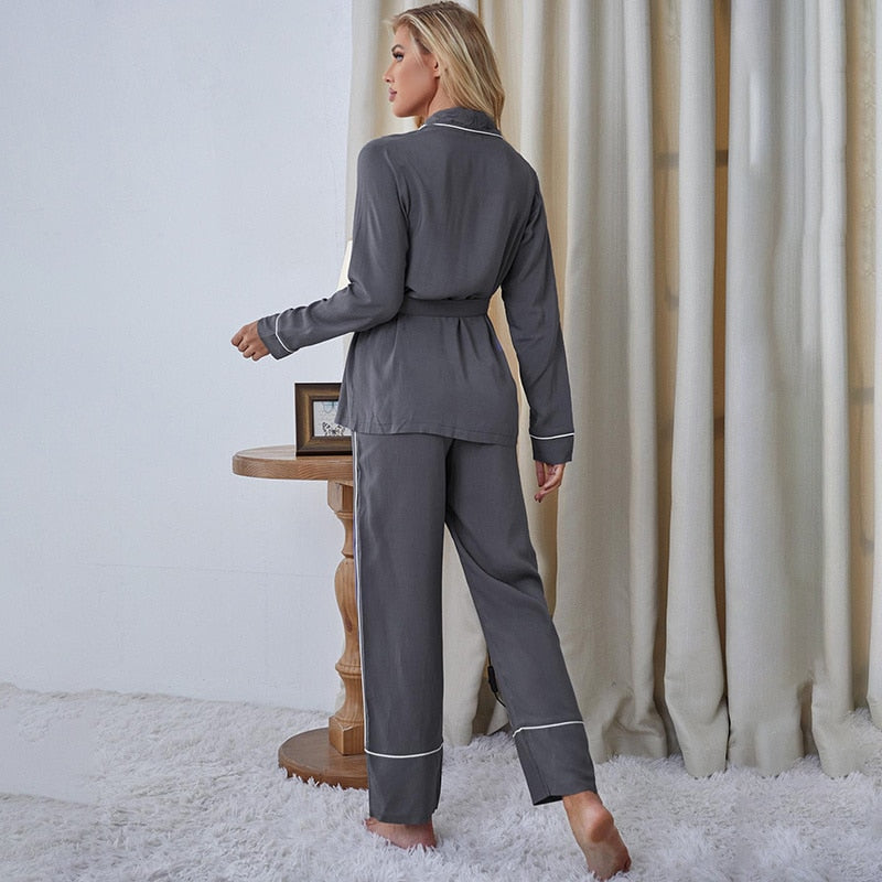 Modieuze Katoenen Pyjama met V-Hals en Lange Mouwen