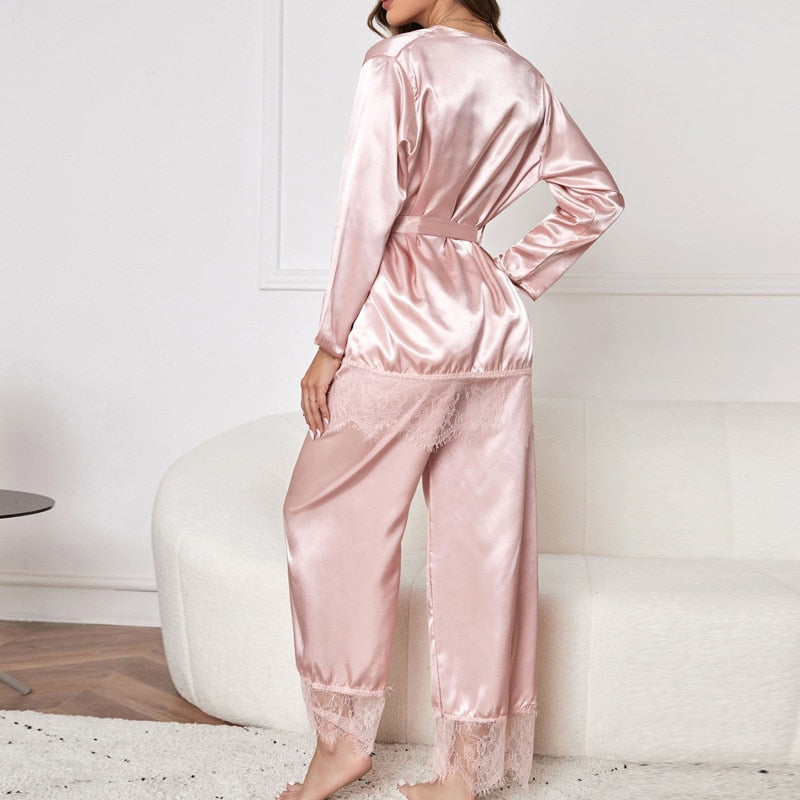 Elegant Drie-Delig Satijnen Pyjama Set voor Dames