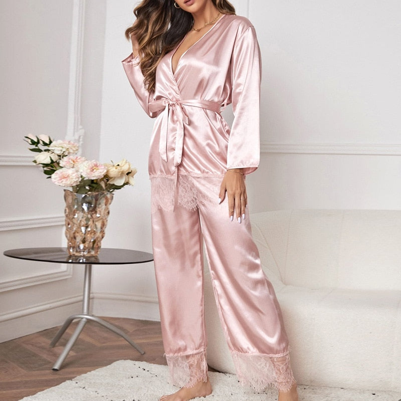Elegant Drie-Delig Satijnen Pyjama Set voor Dames