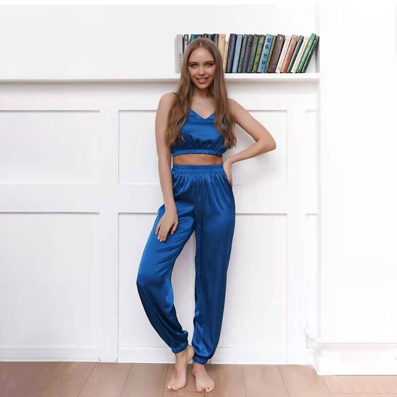 Zijdeachtige Sexy Pyjama Set met Lange Broek